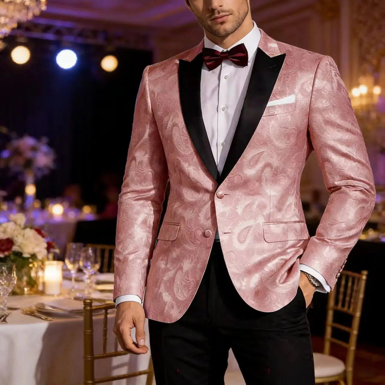 Men’s Pink Paisley Tuxedo Blazer - Black Satin Lapel 2 Button Formal Suit Jacket for Wedding, Prom & Party Wear