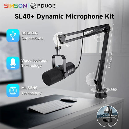 FDUCE SL40+ USB/XLR Dynamic Microphone Kit – Built-in Headset Output, Sound Insulation & Arm Stand for PC, PS5/4, Mixer