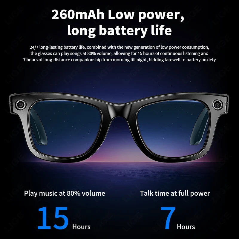 Smart AI Glasses — Video Recording, Photo Recognition, Translation, Bluetooth with 260mAh Battery, IP65 Waterproof