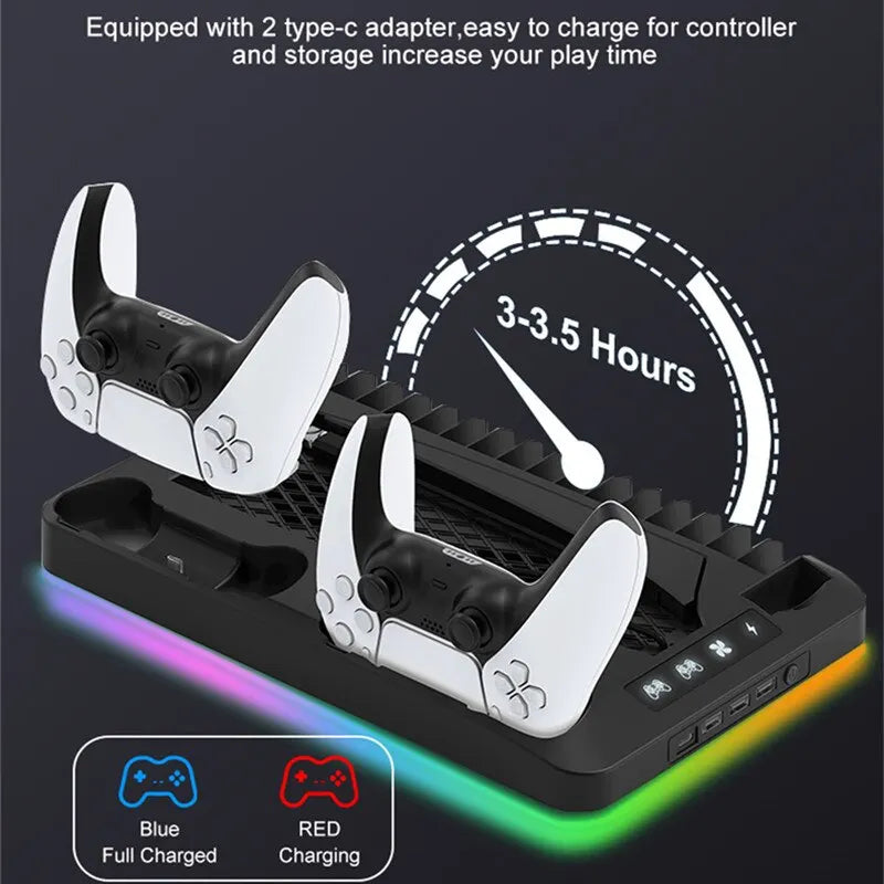 GAMINJA P58 P5 Stand Cooling Station for PlayStation 5 - RGB Light Cooling Fan with Dual Controller Charger, PS5 Gaming Accessories