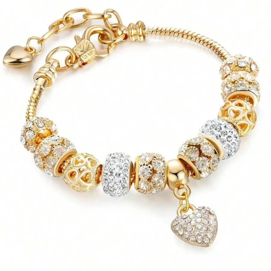 Obega Love Heart Flower Glass Pendant Bracelet – Classic Pink & White Crystal Stone, Adjustable Bead, Silver/Gold Color