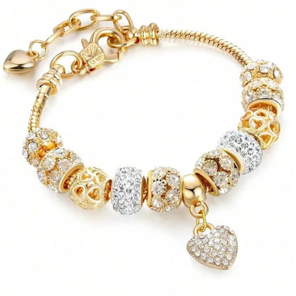 Obega Love Heart Flower Glass Pendant Bracelet – Classic Pink & White Crystal Stone, Adjustable Bead, Silver/Gold Color