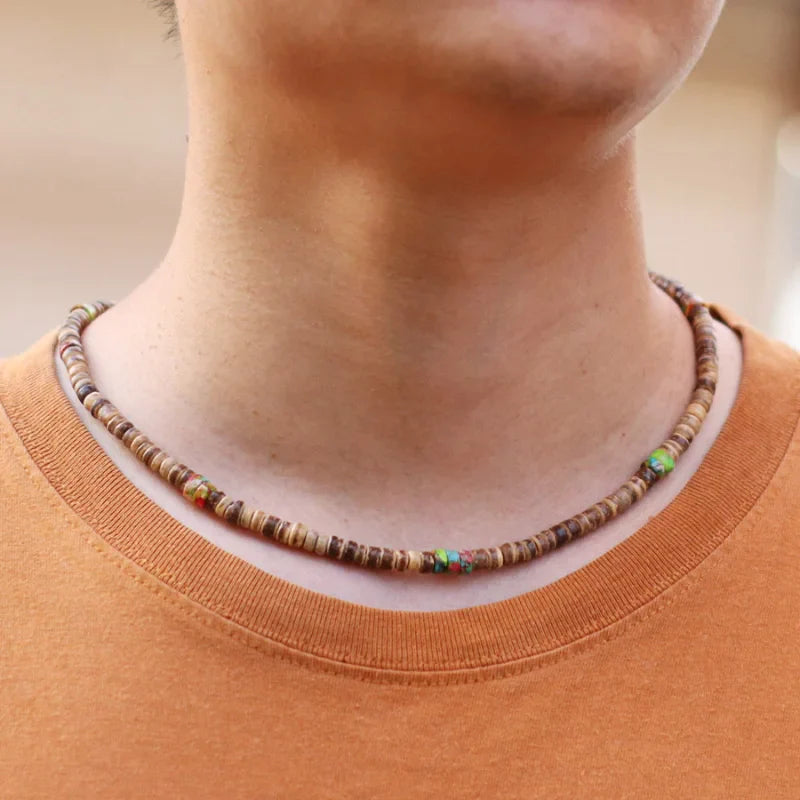 Noter Men’s Natural Coconut Beads Necklace – 19-Inch Handmade Wooden Choker for Casual Jewelry & Gifts