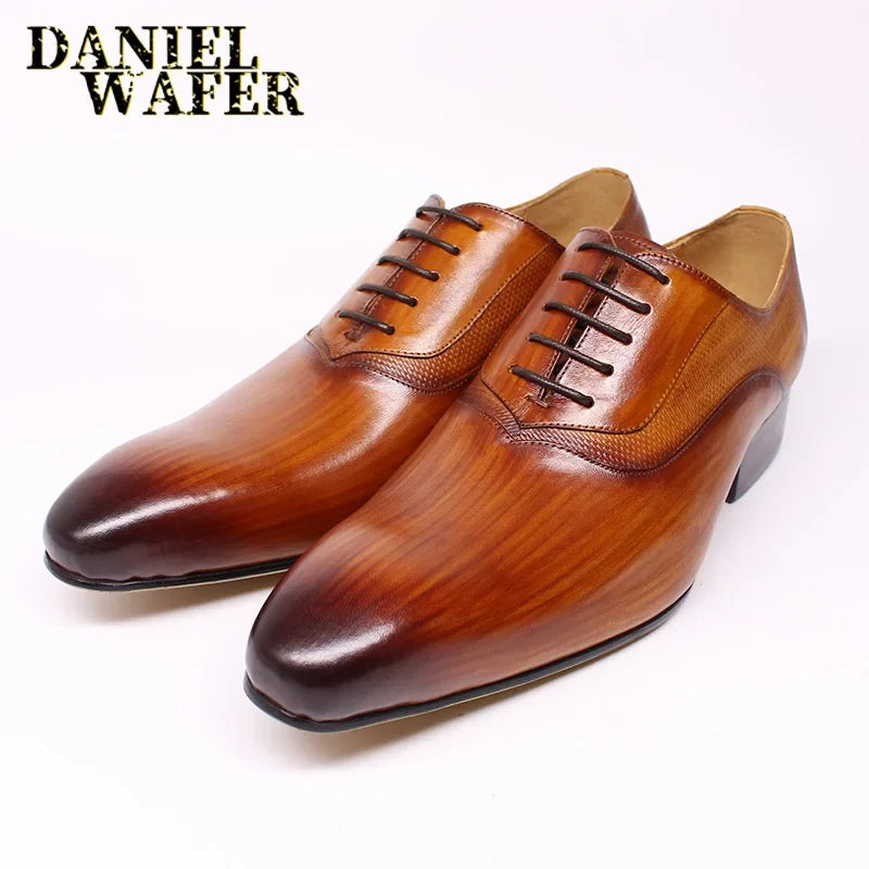 Luxury Men’s Genuine Leather Oxford Shoes - Handmade Pointed Toe Lace-Up Wedding & Formal Dress Shoes