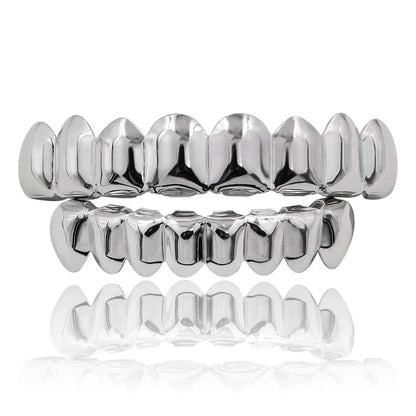 Glossy Teeth Grillz Set - Top & Bottom Anti-Slip Copper Dental Caps Gold Silver Halloween Jewelry Accessory