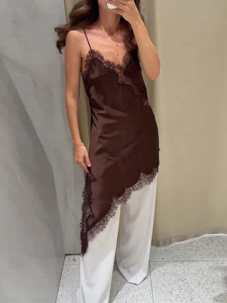 Women’s Lace Patchwork Sleeveless Sling Top – Square Neck Backless Sheer Club & Vacation Blouse 2025