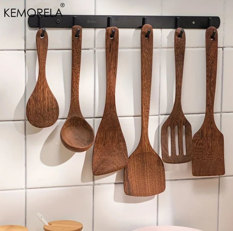5PCS Thailand Teak Wooden Cooking Spoon Set – Natural Kitchen Ladle, Turner, Rice Colander & Soup Skimmer Utensils