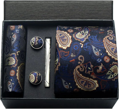 100% Silk Paisley Floral Necktie Set for Men - Premium Business Tie with Pocket Square Tie Clip Cufflinks Gift Box