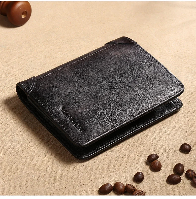 Manbang Genuine Leather Men’s RFID Blocking Trifold Wallet – High Quality Card Holder with ID Window Slim Business Wallet for Men