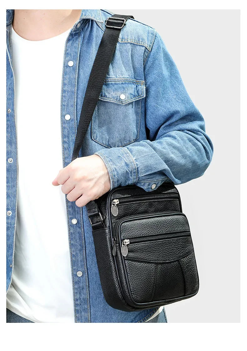 Men’s Genuine Leather Crossbody Bag – Small Outdoor Casual Bag for Motorcycle and Daily Use