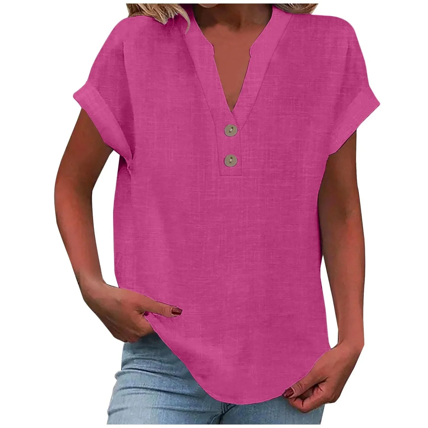 Women’s Summer Cotton Linen V-Neck Button Down Shirt – Breathable Casual Office Top in Solid Colors