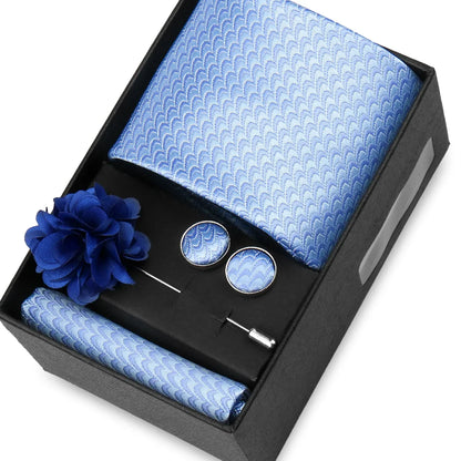 Elegant Men’s Necktie Gift Set - Fashion Tie with Handkerchief, Cufflinks & Brooch Pin Accessories for Business & Wedding