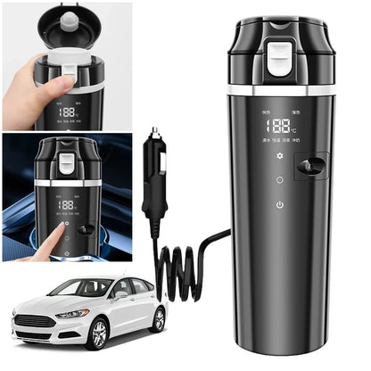 12V/24V Car Heating Cup - 500ml Stainless Steel Electric Kettle with LCD Display, Smart Heated Mug for Coffee, Tea & Milk