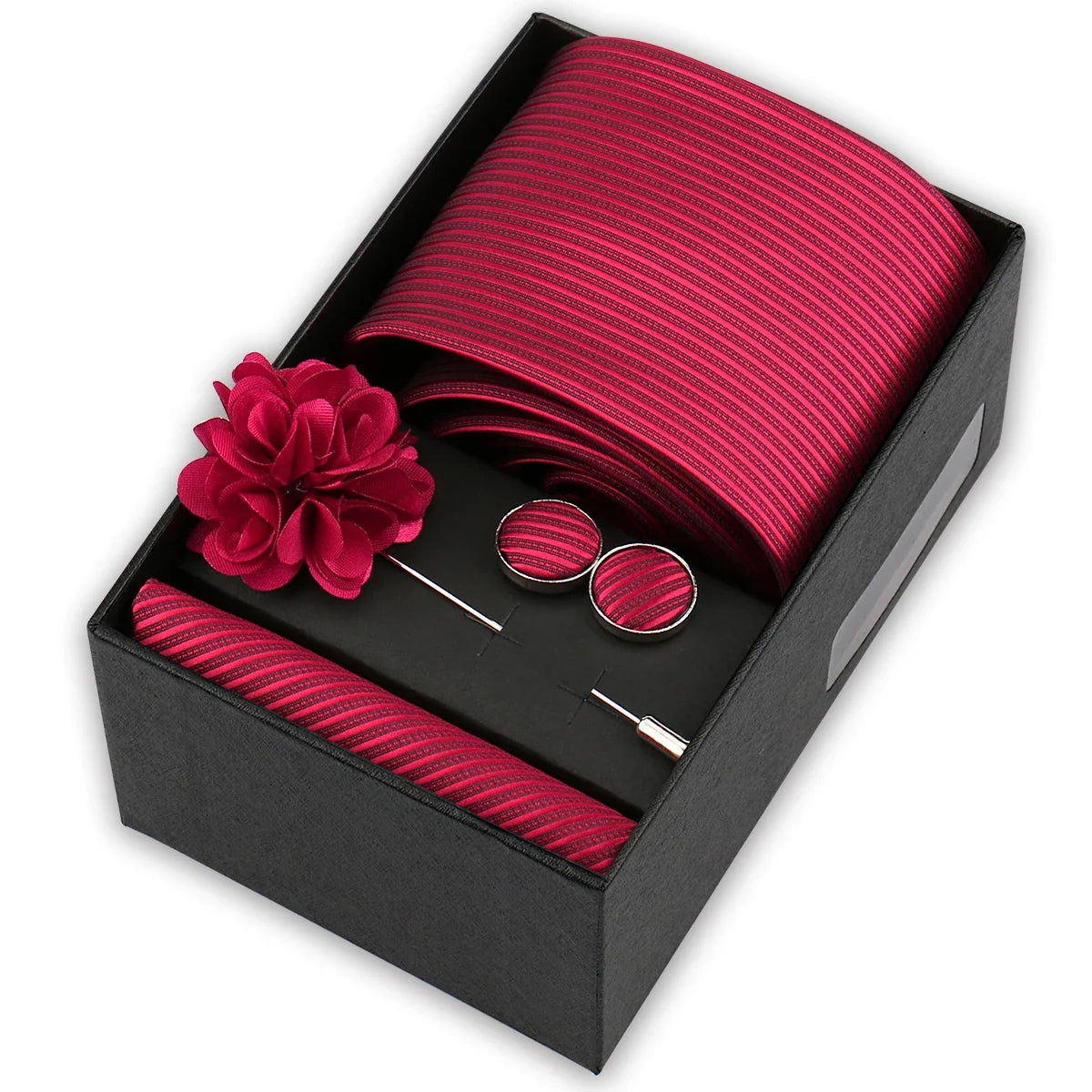 Men’s 4-Piece Tie Set Gift Box - Elegant Necktie with Handkerchief, Cufflinks & Brooch for Business, Wedding & Suit Accessories