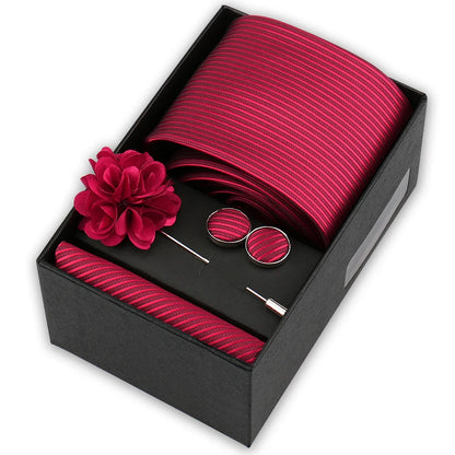 Men’s 4-Piece Tie Set Gift Box - Elegant Necktie with Handkerchief, Cufflinks & Brooch for Business, Wedding & Suit Accessories