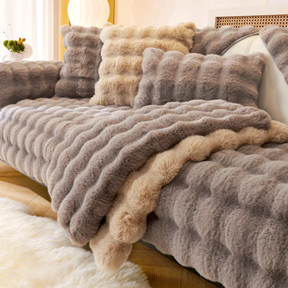 Thick Rabbit Fur Plush Sofa Slipcover - Non-Slip Soft Couch Cushion Cover for Modern Living Room Home Decor