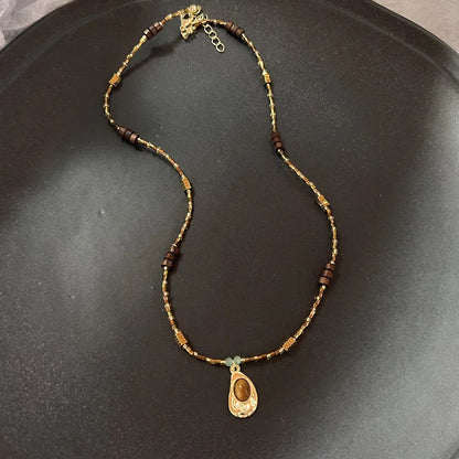 Vintage Natural Stone Pendant Necklace - Brown Geometric Long Leather Rope Chain Jewelry Gift for Women