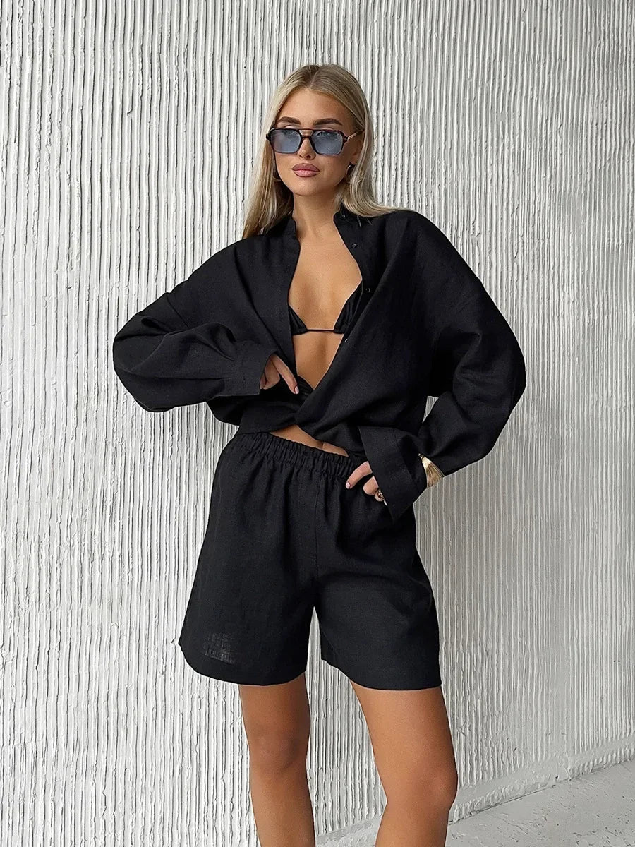 Bornladies Women’s Cotton Two-Piece Set – Solid Color Long Sleeve Shirt & Elastic Waist Shorts for Casual/Vacation