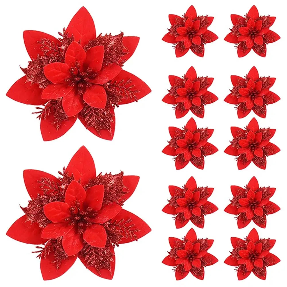 Glitter Artificial Christmas Flowers – 14.5cm Pink, Red & Gold Tree Ornaments for Holiday Home Decor