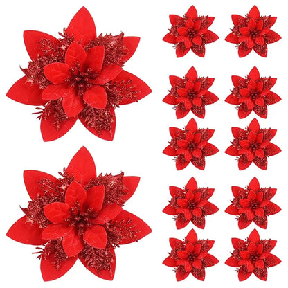 Glitter Artificial Christmas Flowers – 14.5cm Pink, Red & Gold Tree Ornaments for Holiday Home Decor