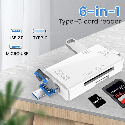 6-in-1 OTG Type-C Card Reader – USB 2.0 TF Micro SD Flash Memory Adapter for Mobile Phones