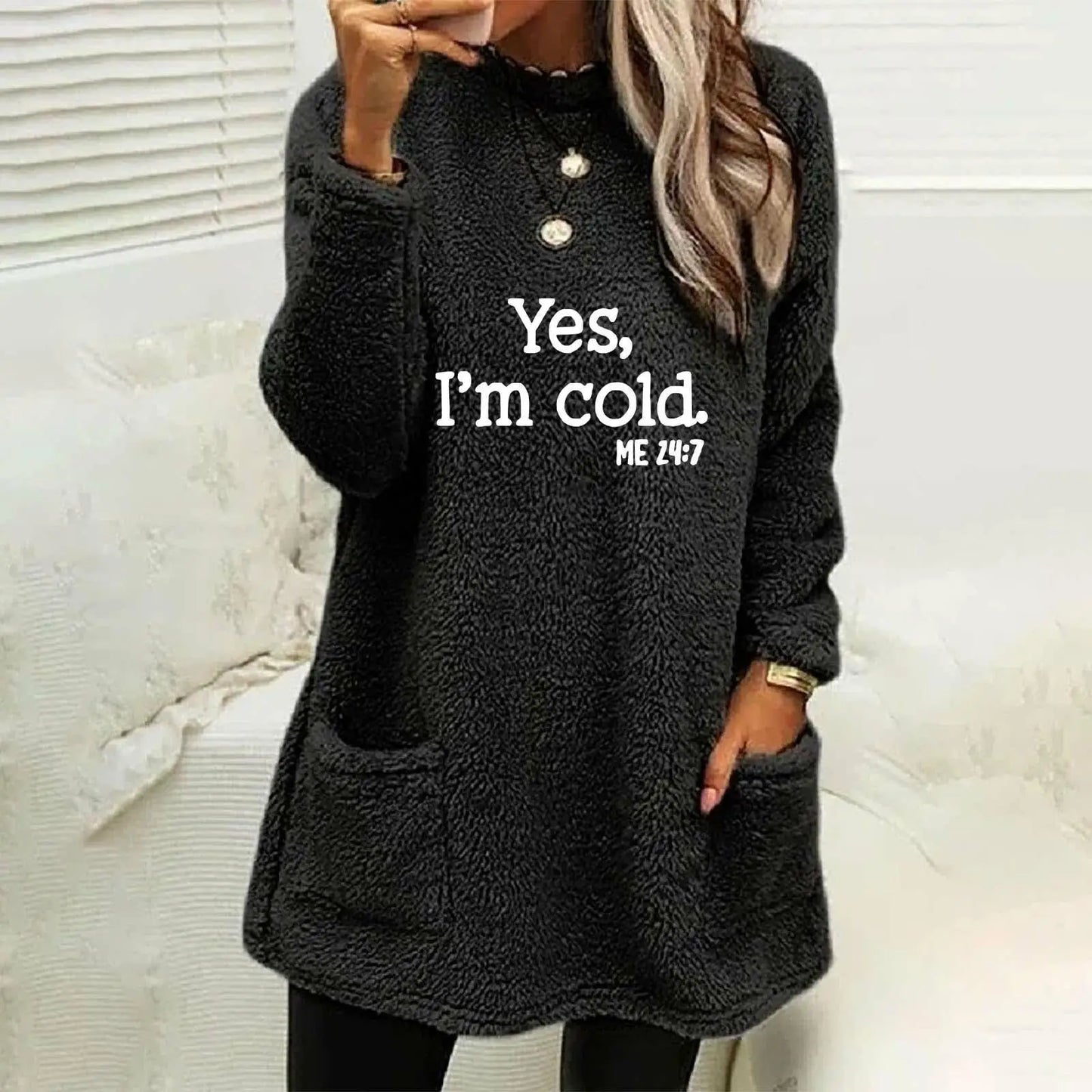 Women's Oversized Fleece Sweatshirt - Letter Print Pocket Long Sleeve Cozy Pullover