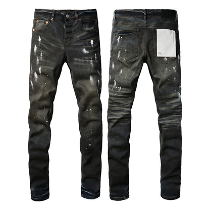 2025 Men’s High Street Ripped Skinny Jeans — Low Rise Blue Distressed Denim Fashion Repair Trousers 9003