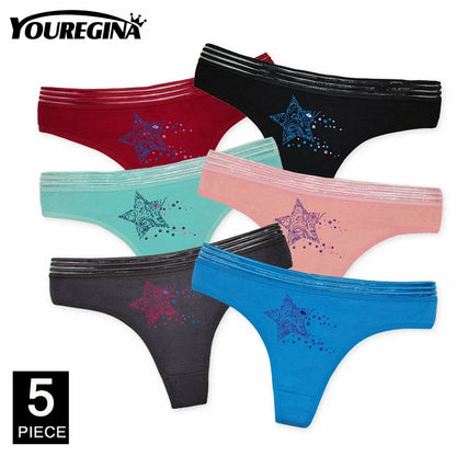 5 Pcs Women’s Cotton Thong Panties Set - Sexy Dot Star Print G-String Tanga Lingerie Intimate Underwear