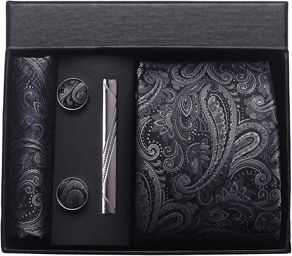100% Silk Paisley Floral Necktie Set for Men - Premium Business Tie with Pocket Square Tie Clip Cufflinks Gift Box