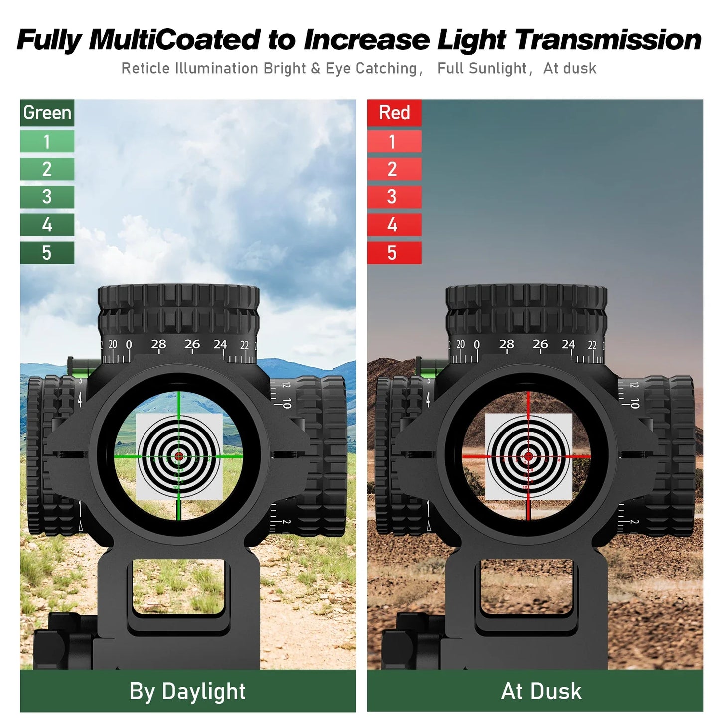 1-5X24 Tactical Rifle Scope – Red & Green Illuminated Reticle for AR15 Hunting