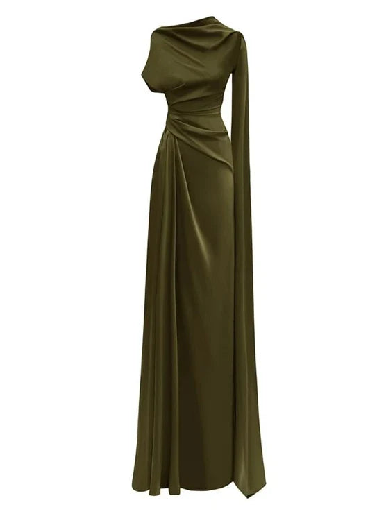 Women’s Solid Color Long Dress – Slanted Collar, Raglan Sleeves, Pleated Waist, Retro Elegant Commuting Style