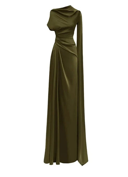 Women’s Solid Color Long Dress – Slanted Collar, Raglan Sleeves, Pleated Waist, Retro Elegant Commuting Style