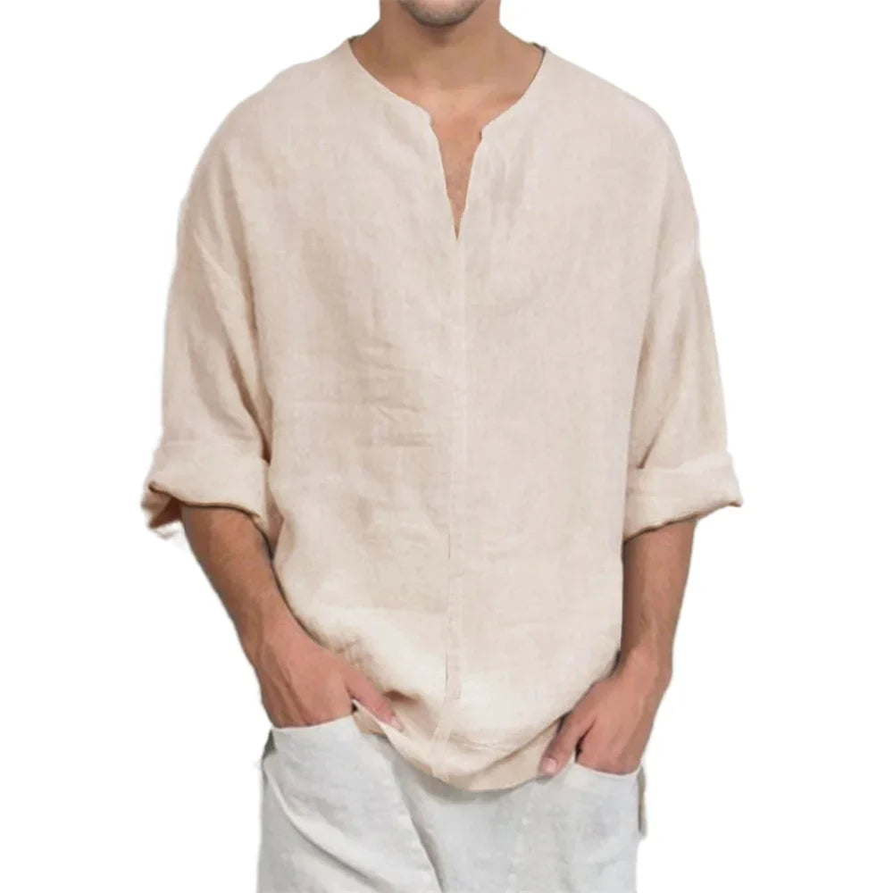 Men’s Cotton Linen V-Neck T-Shirt - Lightweight Breathable Long Sleeve Casual Solid Color Comfort Top