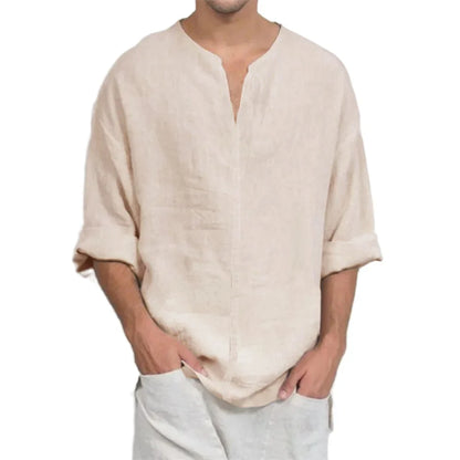 Men’s Cotton Linen V-Neck T-Shirt - Lightweight Breathable Long Sleeve Casual Solid Color Comfort Top