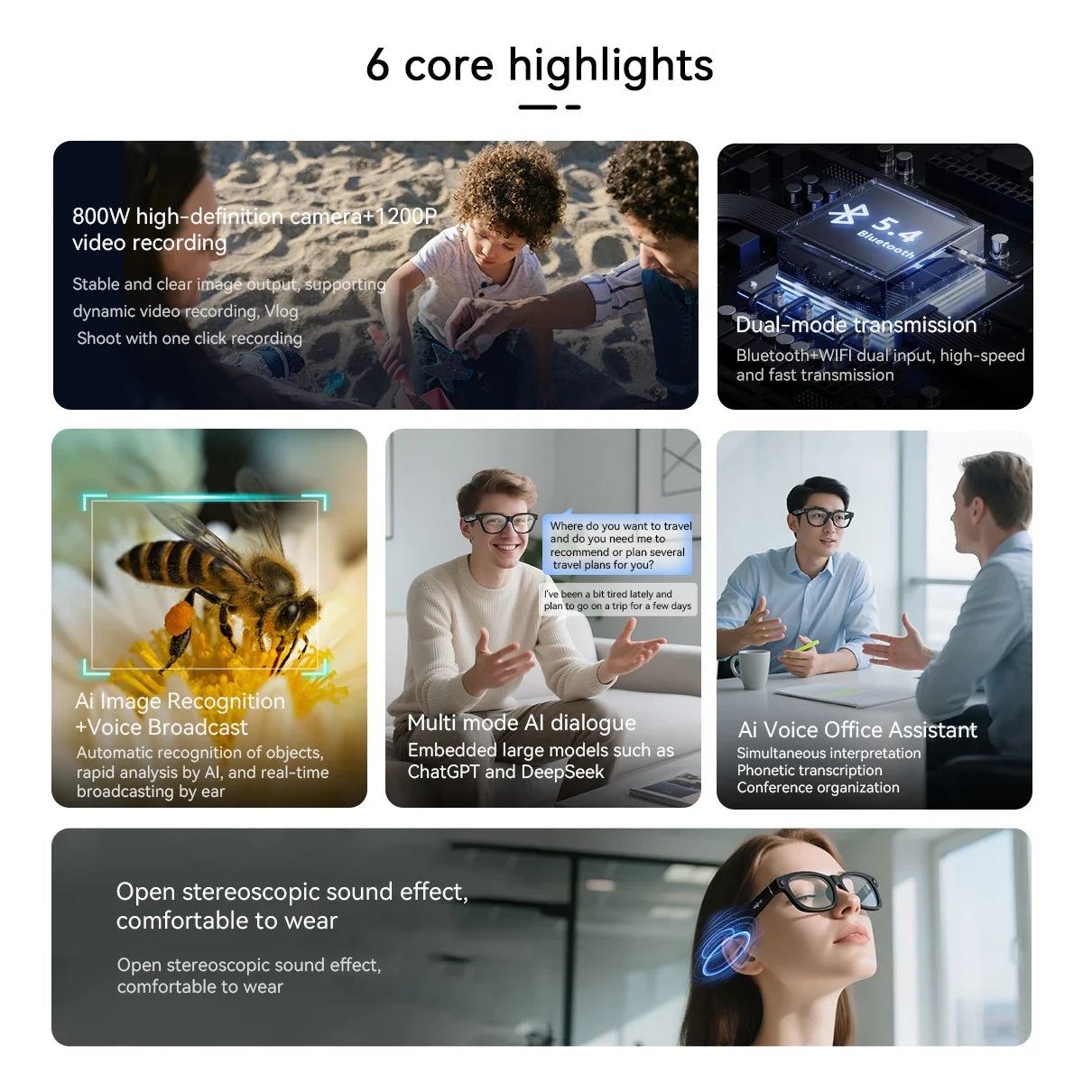 Blackview BV100 Smart Glasses — HD Camera, Bluetooth 5.4, 220mAh Battery, Stereo Bass Speakers, Noise-Cancelling Mic, Wear Detection
