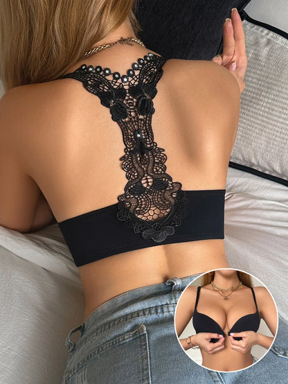 Women’s Lace Rhinestone Front Buckle Bra – Padded Push-Up Seamless Beauty Back Underwear, Comfortable Supportive Lingerie Top