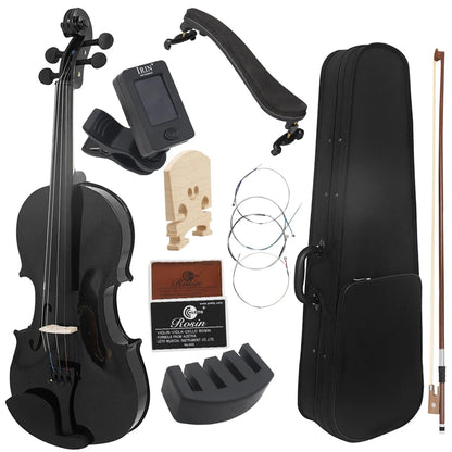4/4 Full Size Violin - Solid Wood Black Acoustic Violin Set with Case, Bow, Rosin, Tuner, Strings & Shoulder Rest for Beginners