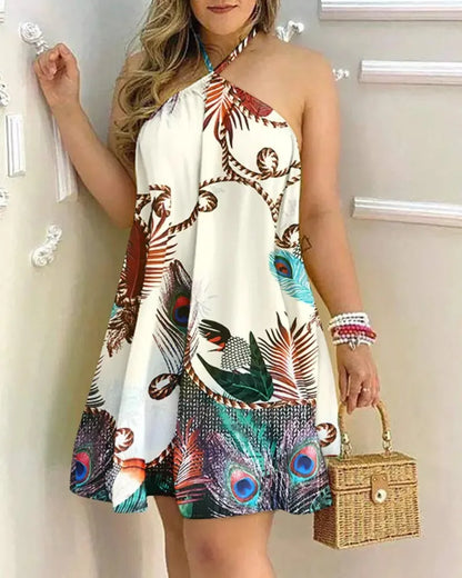 Women’s Tropical Print Halter Neck Backless Dress – Spring Summer Vacation Beach Party Sundress