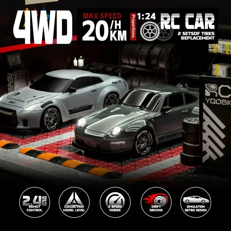 1:24 RC Drift Car — 4WD High-Speed Remote Control Sport Car with LED Lights & Extra Drifting Tire, Kids & Adult Gift