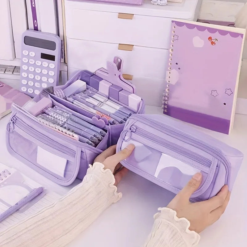 Large Capacity Pencil Case Organizer - Multi Compartment School & Office Supply Storage Bag in Pink Purple Black