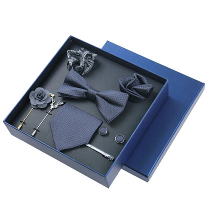 Men’s Luxury Silk Tie Set - 8cm Wedding Necktie with Bowtie, Pocket Square, Cufflinks & Floral Gift Box Accessories