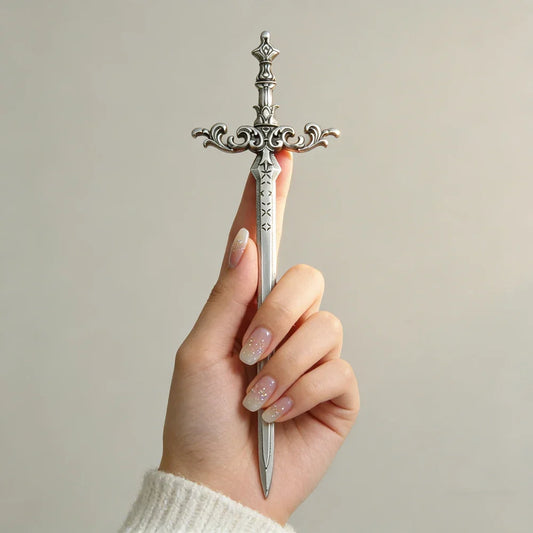 Silver Sword Hair Stick - Ornate Star Medieval Fantasy Cosplay Hair Accessory