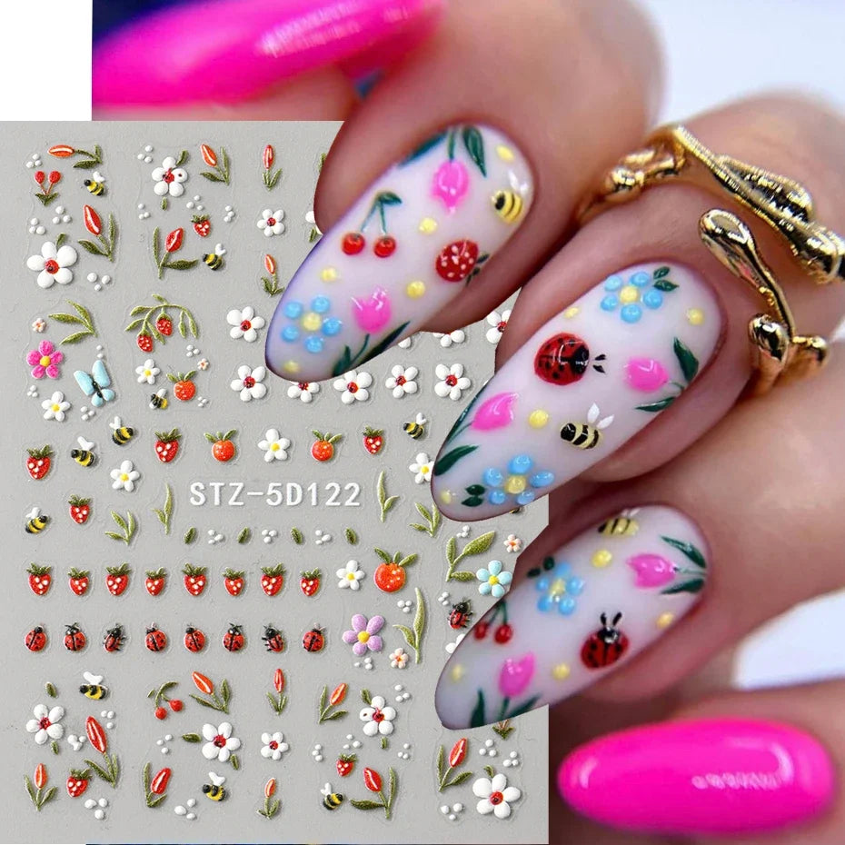 3D Kawaii Ladybug Nail Stickers - Embossed Daisy Flower DIY Decals for Spring, Wedding & Floral Nail Art