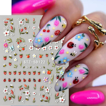 3D Kawaii Ladybug Nail Stickers - Embossed Daisy Flower DIY Decals for Spring, Wedding & Floral Nail Art