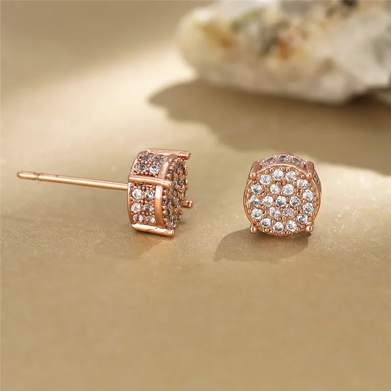 Austrian Crystal Round Stud Earrings - White Zircon Gold Tone Hip Hop Wedding Jewelry for Women