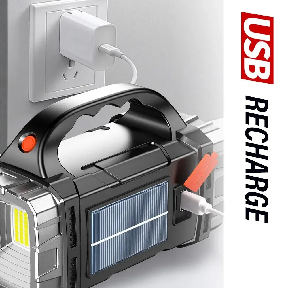 Powerful LED Flashlight - USB & Solar Rechargeable COB Camping Torch with Portable Searchlight Power Bank