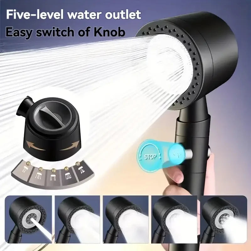 High Pressure Water Saving Shower Head - 5 Mode Handheld Bathroom Filter Spray with One Button Stop Function