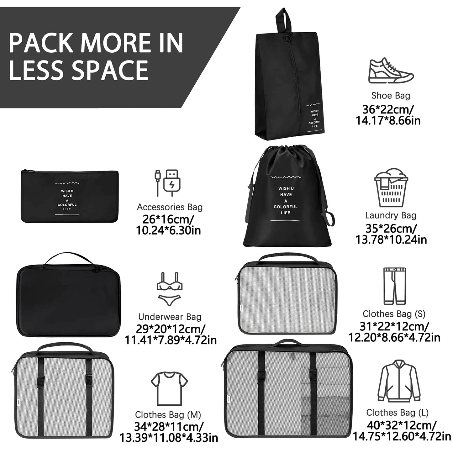 7-Pcs Travel Organizer Packing Cubes Set – Portable Luggage Storage Bags for Clothes, Shoes & Accessories