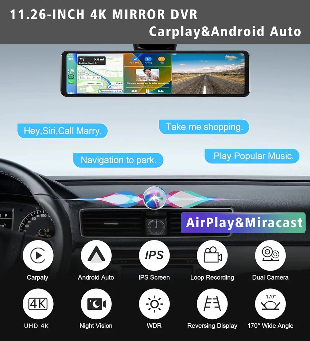 11.26" 4K 2160P Car DVR Dash Cam – CarPlay, Android Auto, GPS, WiFi, Bluetooth, FM, Rear View Mirror Camera & Drive Recorder