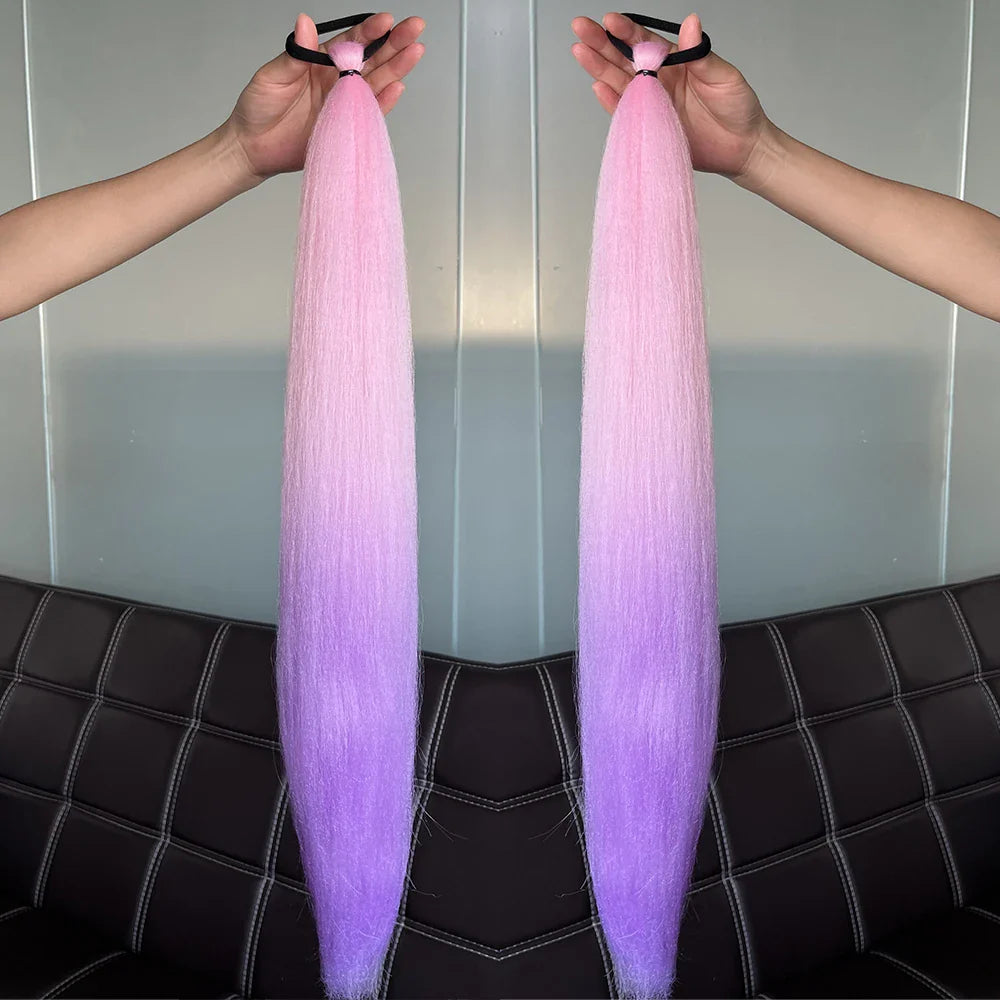Synthetic Colorful Ponytail Extensions – Long Straight Braided Hairpieces with Rubber Band for Women